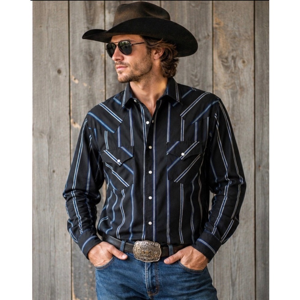 Vintage 90s Ely Plains Pearl Snap Western Shirt Black Striped Cowboy Med Rodeo